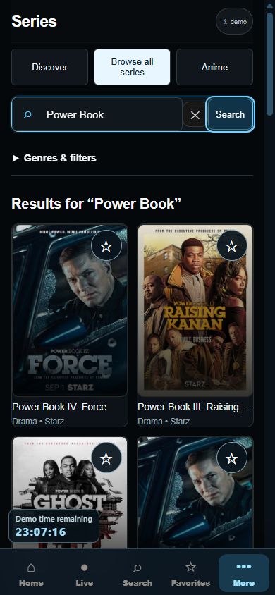 OneScreen mobile series search showing results for Power Book